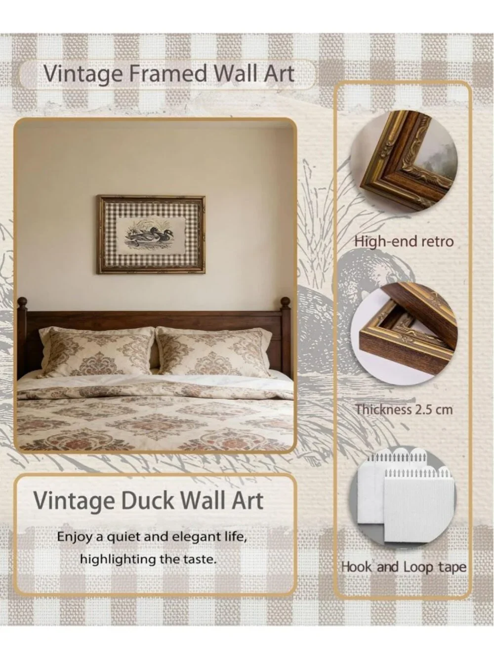 Rustic Vintage Duck Wall Art - Gold Framed Farmhouse Decor, 9x11in Cottage Print